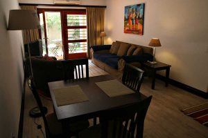 The lounge in the Sandton Gateway self-catering apartment in Craighall Park, Johannesburg.