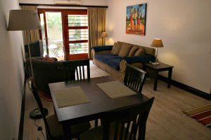 The lounge in the Sandton Gateway self-catering apartment in Craighall Park, Johannesburg.